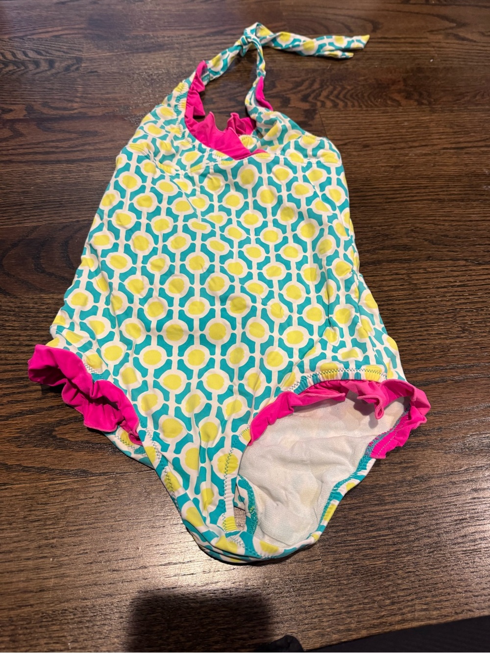 Garnet Hill Kids Teal, Yellow & Hot Pink One-Piece Halter Swimsuit